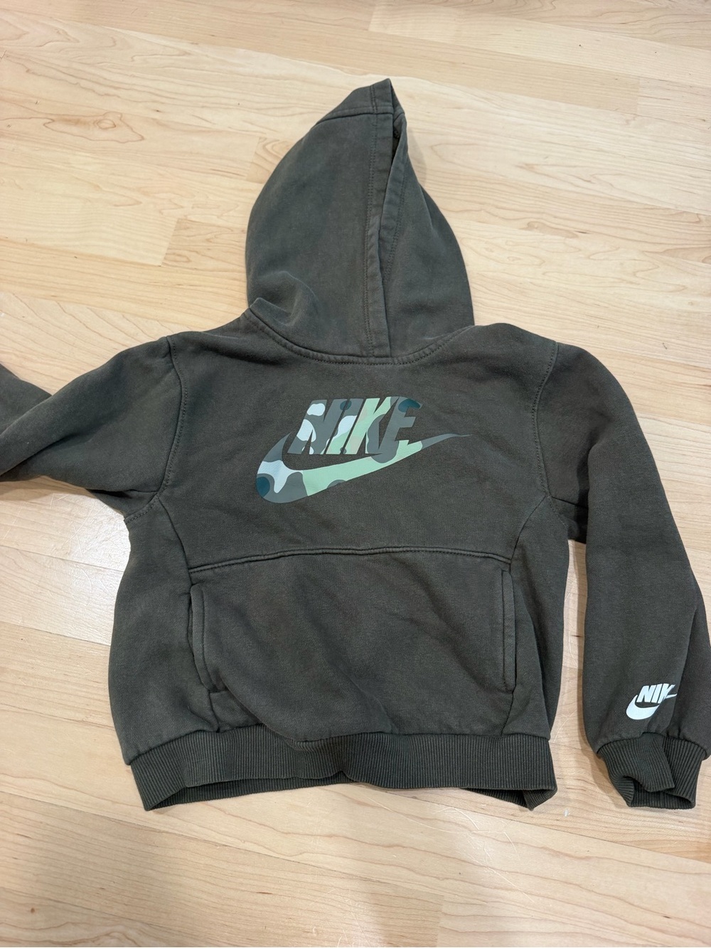 Nike Kids Olive Green Hoodie with Camo Swoosh